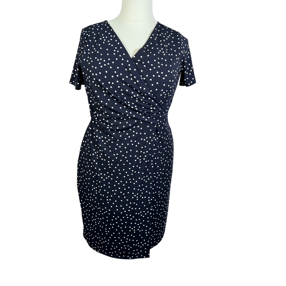 Talbots Navy Blue White Polka Dot Dress Faux Wrap  Short Sleeve Plus Size X‎